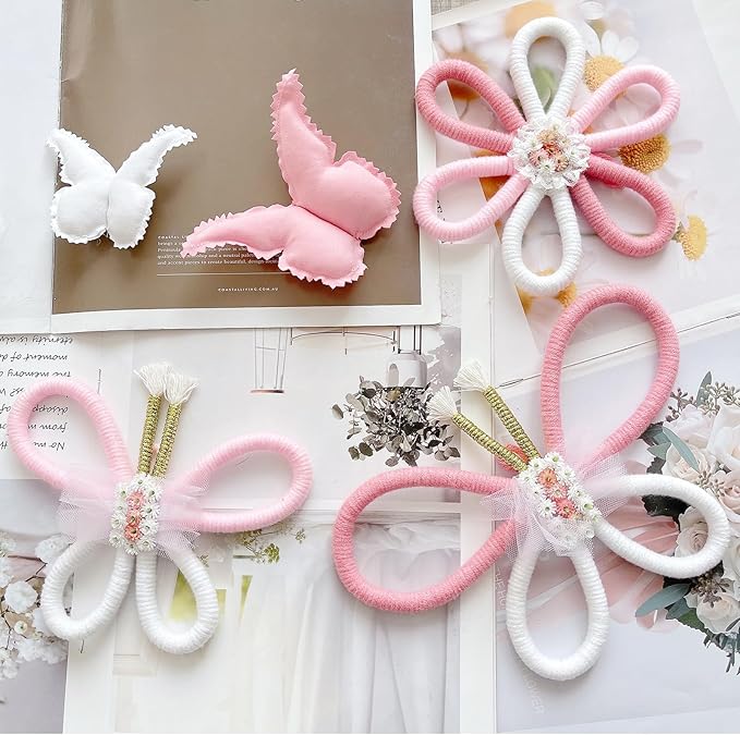 KUNHEHO Butterfly Wall Decor Set of 6 Daisy Flower Boho Nursery Wall Décor Bohemian Macrame Woven Rattan Wall Hanging Room Decor for Teen Girls