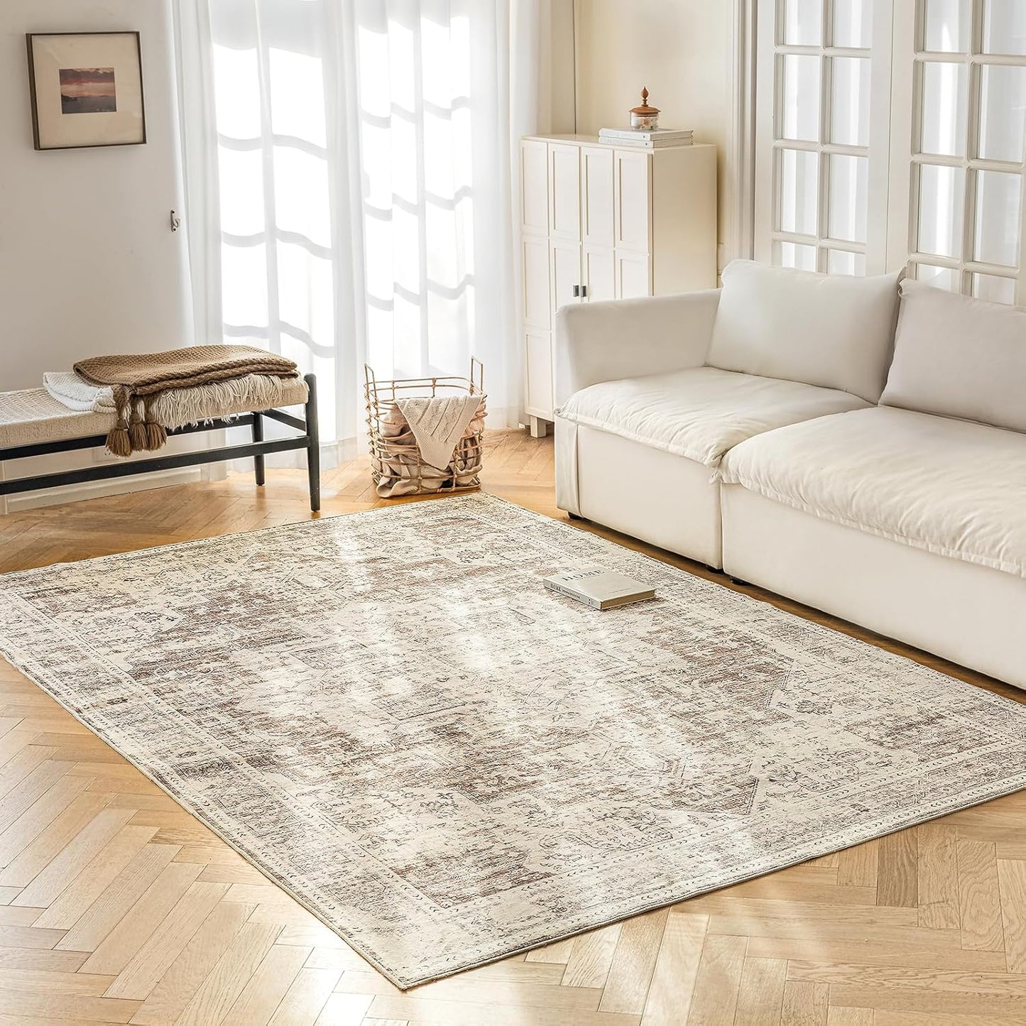6'x9' Area Rug - Vintage Persian Medallion Design Low-Pile Faux Wool Rug, Non-Slip Backing, Machine Washable, for Living Room, Dining Room, Bedroom (Cream/Taupe)