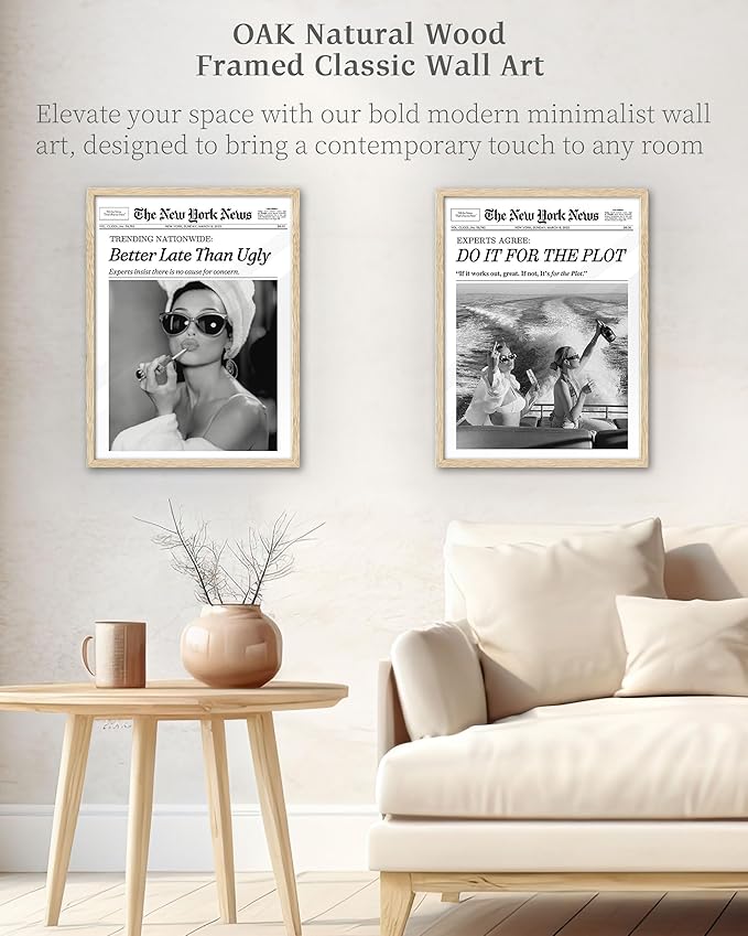 iHery Small Natural OAK Wood Hepburn Newspaper Trendy Bathroom Wall Decor, 8X10in Vintage Framed Wall Art Canvas Art, Funny Artwork, Better Late Than Ugly, Set of 1 Apartment Girly Dorm Room