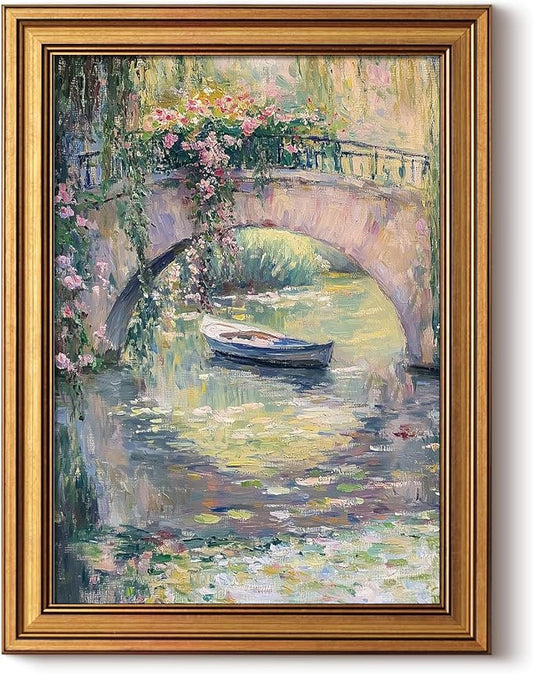InSimSea Gold Framed Canvas Prints Wall Art, Vintage Country Decor, Monet Bridge Pastel Oil Paintings Farmhouse Wall Decor Aesthetic, Antique Pictures for Bedroom Living Room Shelf, 12x16inch
