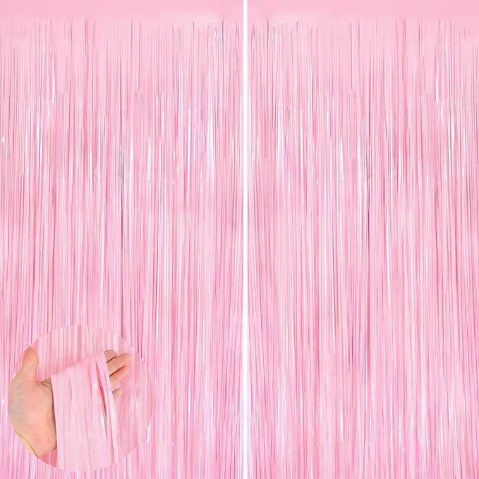 2Pack Pastel Pink Metallic Tinsel Foil Fringe Curtains, 3.3 X 8.3ft Pink Party Streamers Backdrop Curtains for Birthday Party Decorations, Halloween Decor, Foil Curtain Backdrop for Bachelorette Party