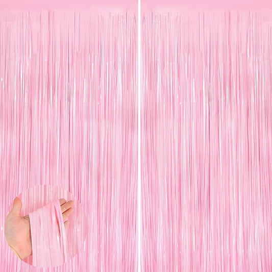 2Pack Pastel Pink Metallic Tinsel Foil Fringe Curtains, 3.3 X 8.3ft Pink Party Streamers Backdrop Curtains for Birthday Party Decorations, Halloween Decor, Foil Curtain Backdrop for Bachelorette Party
