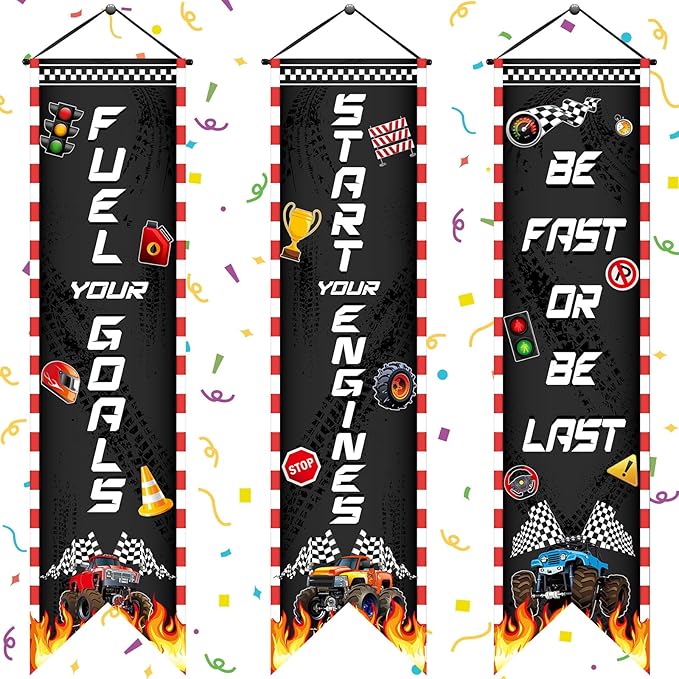 3 Pcs Race Car Party Banners Racing Fans Birthday Decor Monster Truck Hanging Porch Sign Truck Fuel Can Checkered Flag for Car Theme Birthday Party Supplies Inspirational Classroom Decoration