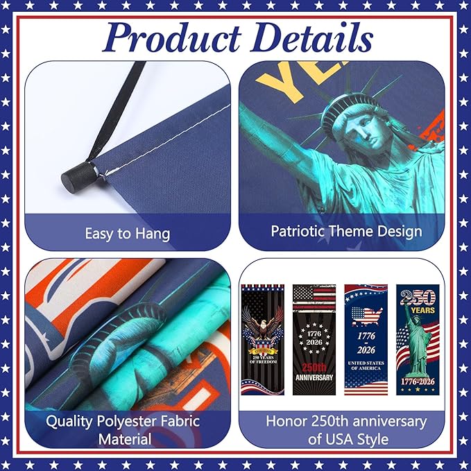 Tiamon 4 Pcs 250th Anniversary 4th of July Banner Patriotic American Flag Eagle 250 Years of Freedom 1776-2026 Porch Banner Hanging Decorations for Independence Day Wall Indoor Outdoor Decor