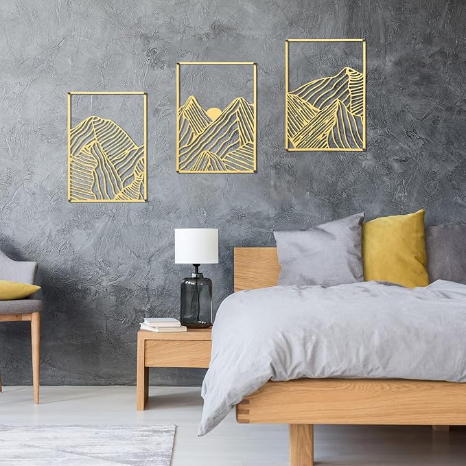 Peryiter 3 Pcs Metal Wall Art Decor Landscape Mountain Wall Hanging Decor for Living Room Abstract Minimalist Modern Mountain Line Pictures Bathroom Office Home Gifts Indoor(Gold)