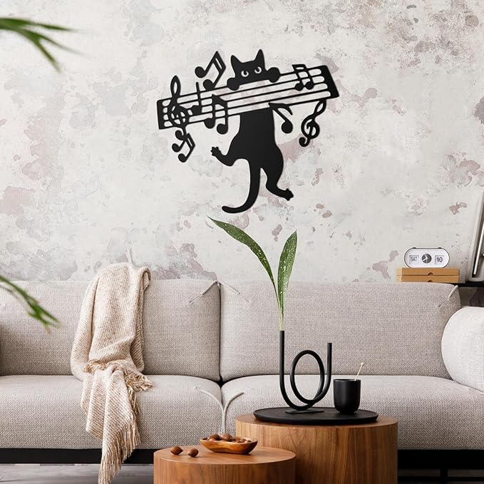 Otoolling Cat Playing Music Wall Decor Metal Black Cat Wall Art Hanging Signs Home Decor for Living Room Bedroom Bathroom Office Cats Lover Gifts(Cute,9.4 x 11.4 in)