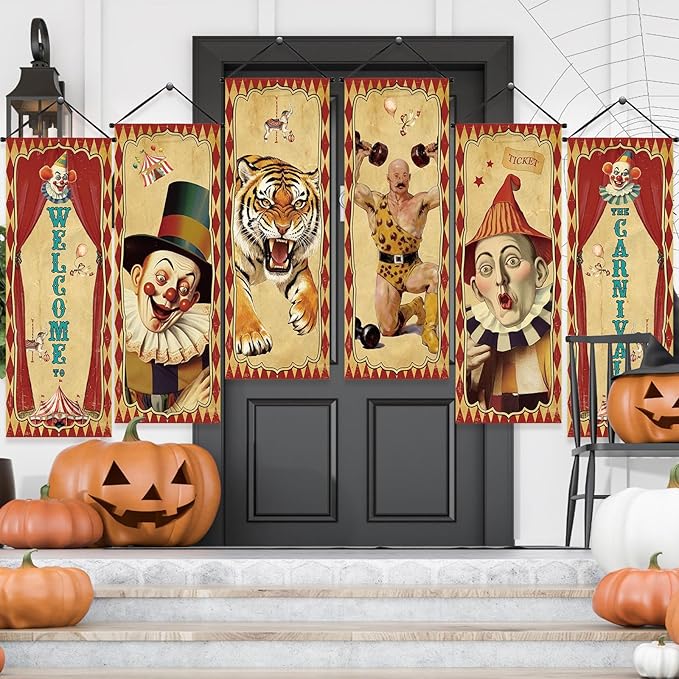 Tiamon 6 Pcs Vintage Christmas Halloween Carnival Porch Banners Retro Santa Clown Stretching Portraits Wall Decorations Gothic Porch Sign Backdrop for Xmas Indoor Outdoor Hanging Decor (Circus)