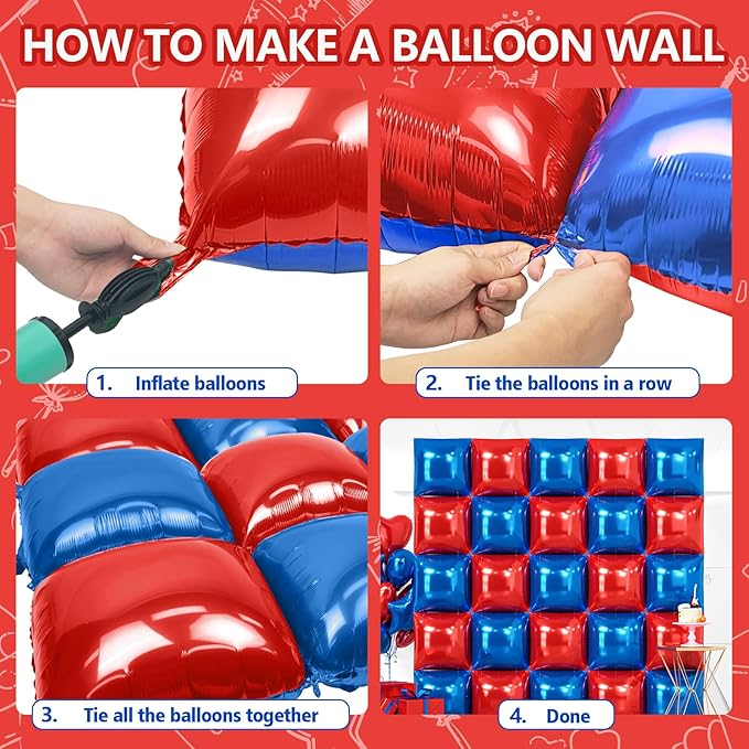 NISOCY 25PCS Red Blue Square Foil Balloons Wall Backdrop Double Sided Red Deep Blue Balloons Arch Kit for Birthday Graduation 4th of July Independence Baby Shower Wedding Party Decorations