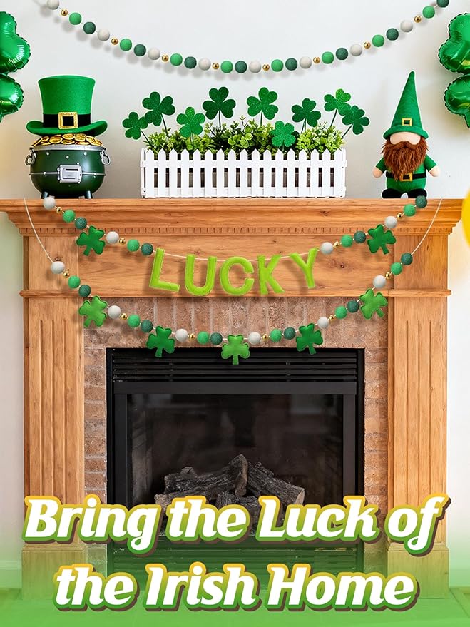 3 Pack Felt St. Patrick's Day Decorations Garland - 6.6 ft Lucky Felt Ball Pom Pom with Silver Beads, Shamrock Garlands for Mantel Home Supplies