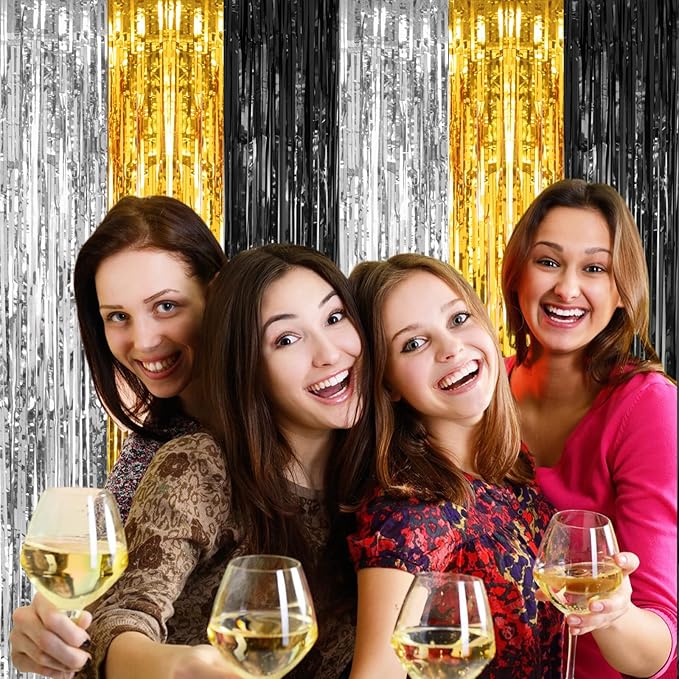 2 Pack 3.2x8.2 Feet Silver Black and Gold Tinsel Foil Fringe Curtains Streamers Backdrop for Bridal Baby Shower Wedding Engagement Birthday Graduation Bachelorette Holiday Party Decorations