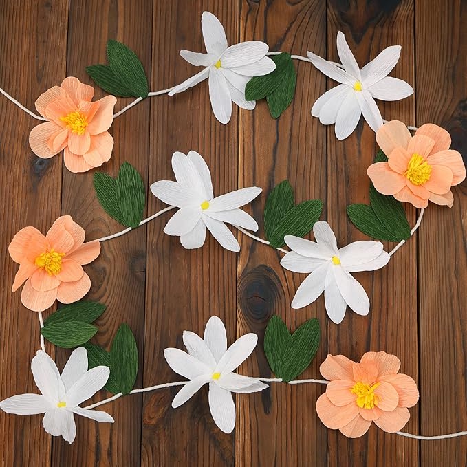 2Pcs Crepe Paper Flower Garlands, Handcrafted Hanging Flower Garland, Spring Flower Party Banners for Nursery Birthday Baby Shower Wedding Backdrop Decorations Supplies