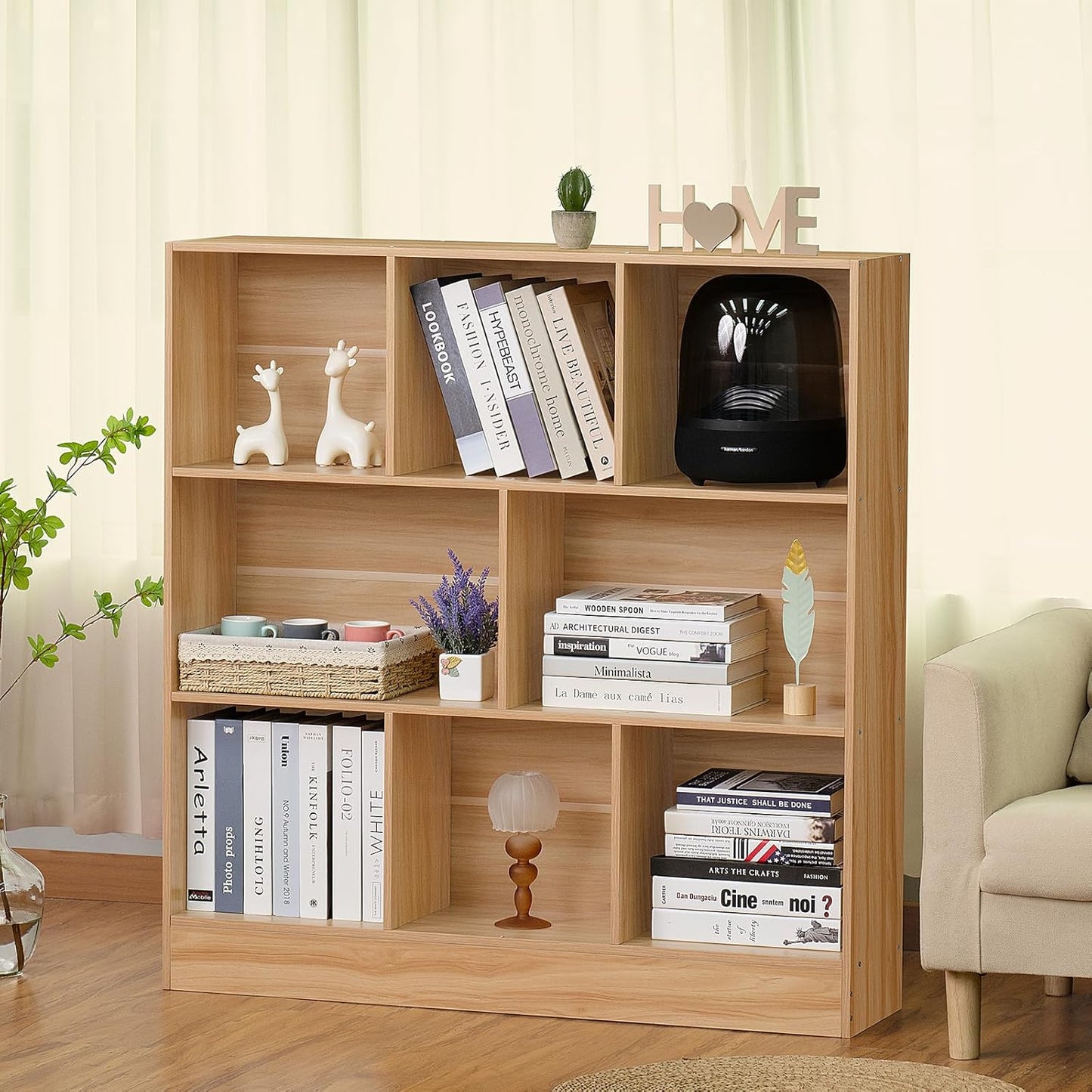 LEYAOYAO 8 Cube Bookshelf with Wood Base,Natural 3 Tier Mid-Century Modern Bookcase,Standing Wide Bookshelves Storage Organizer Shelf,Rustic Display Cabinet Book Shelves for Bedroom,Living Room
