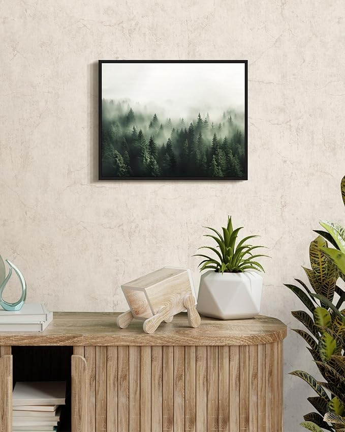SHENIFY Green Fog Pine Tree Forest Vintage Framed Wall Art Modern Landscape Scenery Farmhouse Artwork Prints Decor for Kitchen Living Room Bedroom Bathroom - 8x10in Black Framed