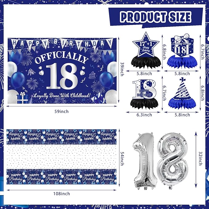 Mpanwen 18th Birthday Decorations for Boys, 113 Pcs Blue Official 18 Year Old Bday Party Decor Supplies for Boy Men with Backdrop, Banner, Tablecloth, Centerpieces, Hanging Swirls, Hat, Wall Signs