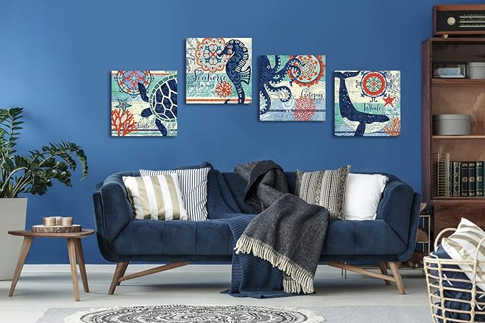 Navy Blue and Orange Ocean Animal Wall Art Toddler Kids Bathroom Beach Themed Decor Cartoon Sea Turtle Octopus Whale Seahorse Canvas Mural Nautical Coastal Pictures Nursery Home Decorations 12x12" 4P