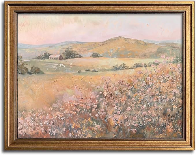 Aroutde Vintage Wildflower Printing Gold Framed Wall Art Pink Flowers Landscape Canvas Artwork Natural Mounatin Pictures For Living Room Bedroom Apartment Decoration(16L''x12W'')