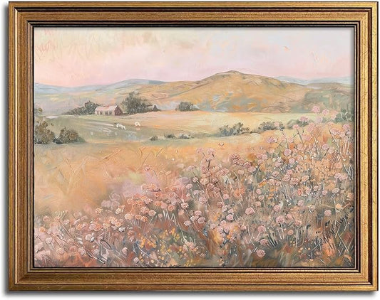Aroutde Vintage Wildflower Printing Gold Framed Wall Art Pink Flowers Landscape Canvas Artwork Natural Mounatin Pictures For Living Room Bedroom Apartment Decoration(16L''x12W'')