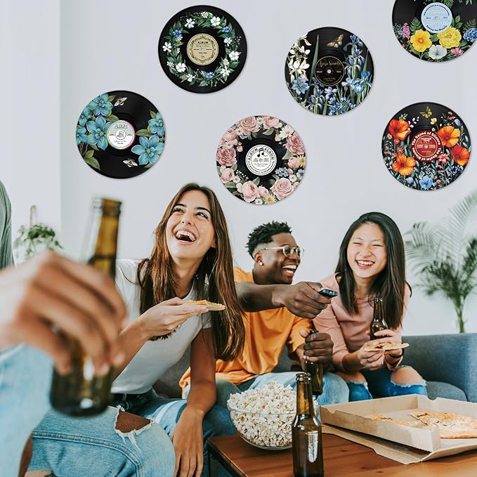 Chunful 6 Pake 12 Inch Vintage Records Wall Decor Aesthetic Retro Record Wall Decor for Dorm Bedroom Living Room Art Display Rock and Roll Music Hippie Party Records Decorations (Floral)