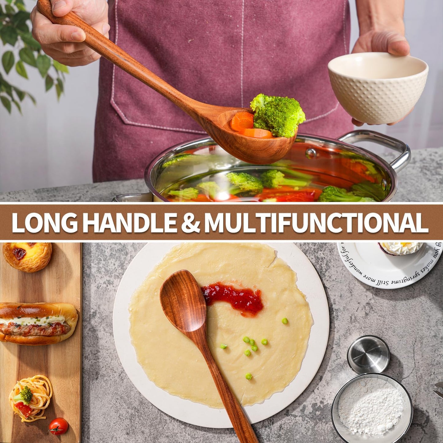 Gudamaye 13 inch Long Wooden Spoons for Cooking, 9 PCS Natural Teak Wooden Kitchen Utensil Set with Utensils Holder Made of Australia Camphor Laurel Wood，Wooden Utensils for Cooking