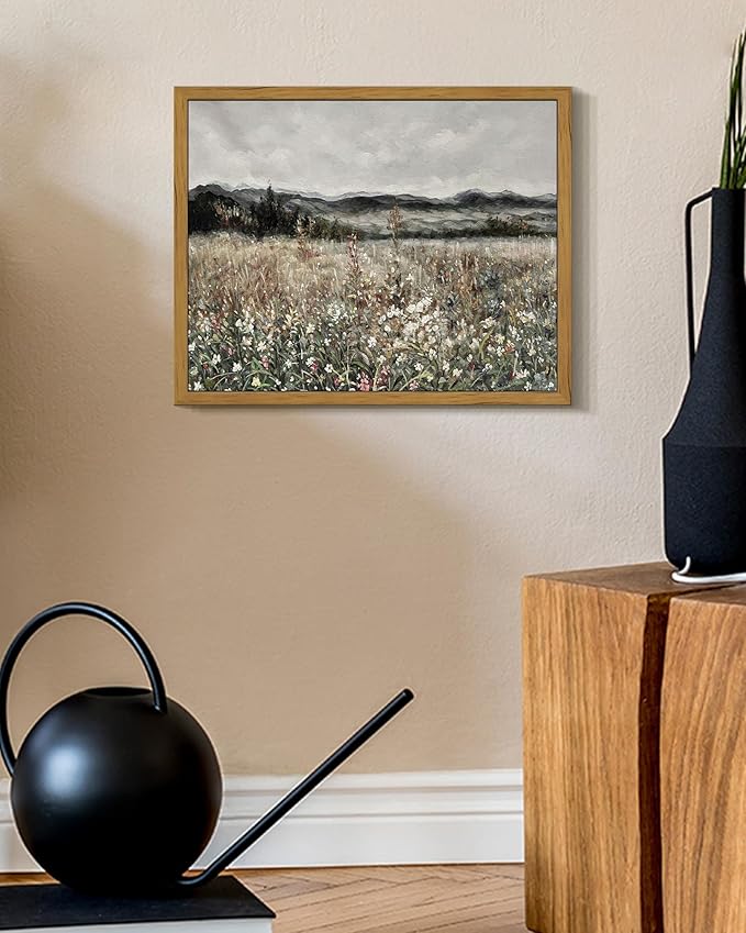 SHENIFY Vintage Landscape Framed Wall Art Meadow Flowers Farmhouse Decor Retro Classic Painting for Kitchen Living Room Bedroom Bathroom - 8x10in Natural Framed