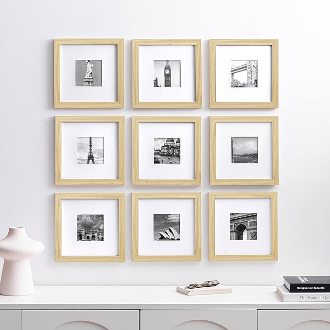 eletecpro 8x8 Picture Frames Set of 9 with Mat for 4x4 Photos or without Mat for 8x8, Square Gallery Wall Decor Collage for Picture Display, Natural Frame Set for Wall Hanging