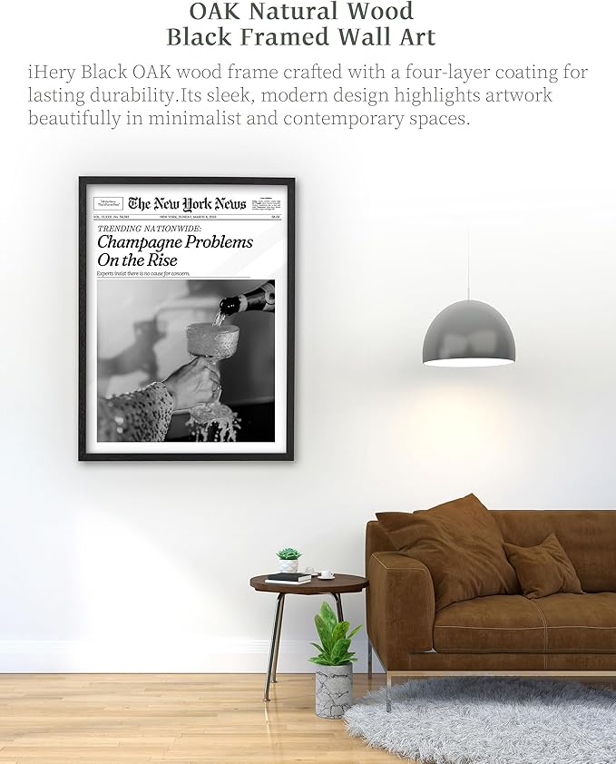 iHery Premium Natural Black OAK Wood 16x20in Champagne Problems On the Rise Newspaper Trendy Framed Wall Art, Vintage Funny Canvas Wall Decor For Girly Dorm Bedroom Living Room 1Pack