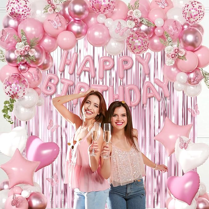 Pink Birthday Decorations for Women Girls, Metallic Pink Pearl White Confetti Foil Balloons Happy Birthday Banner Butterfly Fringe Curtains for birthday Party Supplies