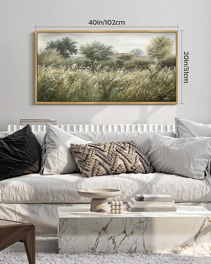 SHENIFY Vintage Landscape Framed Wall Art Meadow Scenery Farmhouse Decor Retro Painting for Bedroom Living Room Ready to Hang Wall Artwork - 20x40in Natural Framed