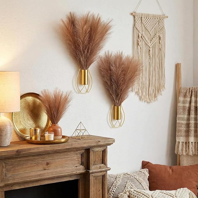 Otoolling 2 Pieces Hanging Plant Wall Decor with Artificial Pampas Grass Metal Hanging Vase Modern Geometric Farmhouse Bohemian Wall Art for Living Room Bedroom Kitchen Bathroom Office(Gold, Brown)