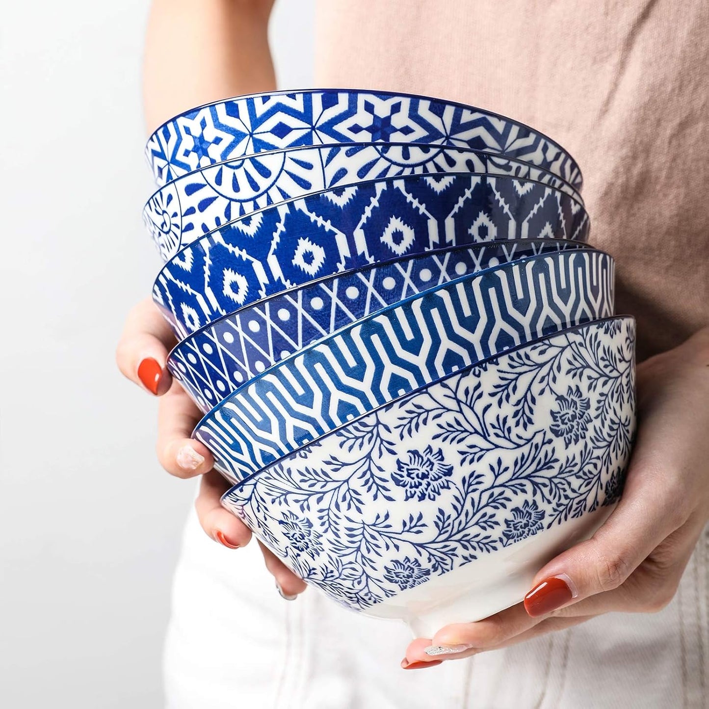 Selamica Blue and White Porcelain 20oz Cereal Bowl Set - Set of 6, 6 inch Soup Bowls, Ceramic bowls for Cereal, Soup, Salad and Pasta, Vintage Blue