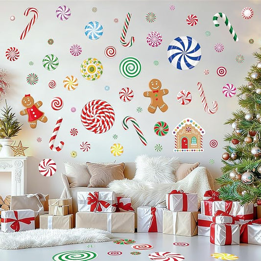 Christmas Candy Wall Decals, 8 Sheet Christmas Decorations Wall Stickers Peppermint Candy Cane Gingerbread Decals for Walls for Candyland Xmas Decoration