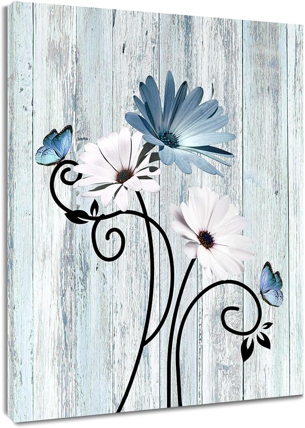 HVEST Blue Floral Wall Art Rustic Farmhouse Daisy Butterfly Bathroom Art Decor Vintage Flower Wall Decor for Living Room Bathroom Bedroom Office, 20L x 16W Inches