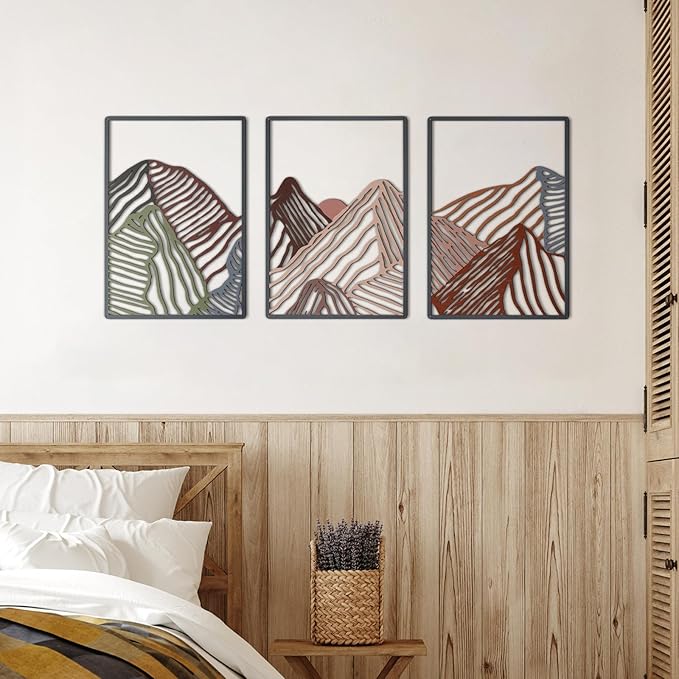 Peryiter 3 Pcs Metal Wall Art Decor Landscape Mountain Wall Hanging Decor for Living Room Abstract Minimalist Modern Mountain Line Pictures Bathroom Office Home Gifts Indoor(Colorful)
