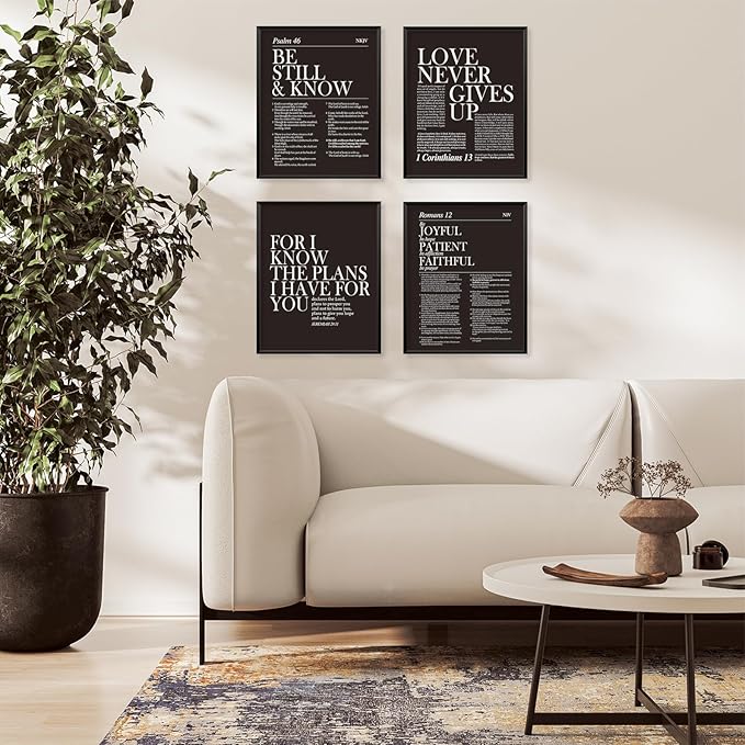 Locomiss Black and White Christian Wall Art Decor, Modern Black Minimalist Jesus Scripture Wall Decor, Inspirational Bible Verse Posters for Bedroom Office Living Room, Set of 4 (8x10 Unframed)