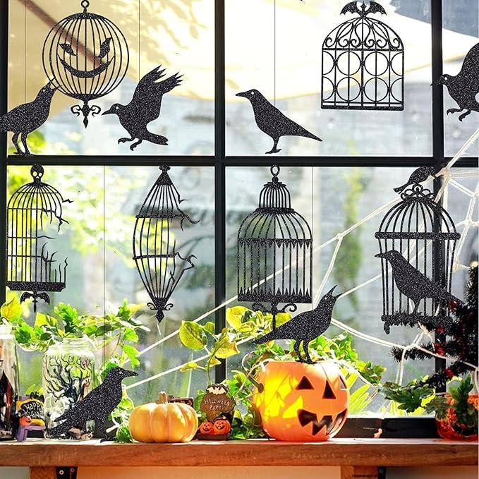 Cheerland Gothic Crow Decoration Black Cage Garland for Black Crow Decoration Gothic Christmas Birthday Party Hanging Indoor Raven Glitter Haunted Mansion Decor Garland Birthday Halloween Supplies
