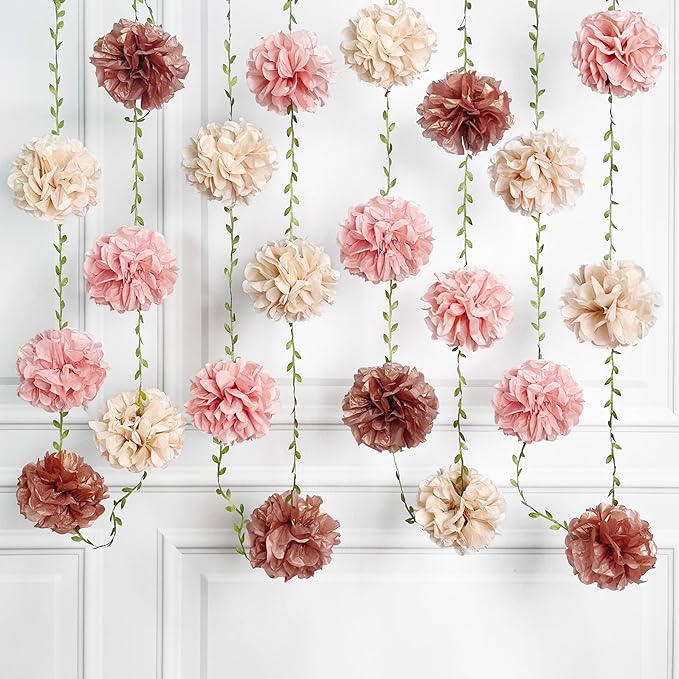 Dusty Pink Party Decorations Rose Gold Dusty Pink Beige Tissue Paper Flowers Pom Pom with Leaf Ribbon Hanging Garland Streamer for Birthday Baby Shower Wedding Bridal Shower Engagement Party Supplies
