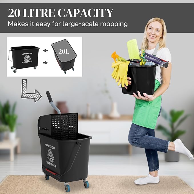 HOMCOM Commercial Mop Bucket with Side Press Wringer on Wheels for Floor Cleaning, 21 Quart, Separate Dirty and Clean Water, for Home Apartment Small Business and Office, Black