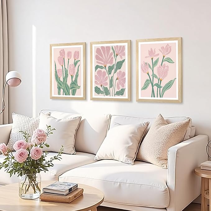 JLTULT 3 Pieces Pink Tulips Floral Wall Art, Boho Pink Green Botanical Wall Decor, Modern Abstract Flowers Paintings Art Prints for Living Room Bedroom Home Office12x16 inch Wood Framed Ready to Hang