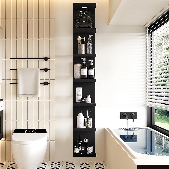 Versatile 7 Tier Wall Shelf Unit,Black Lack Wall Shelf,Display Floating Shelf with LED Remote Control Light