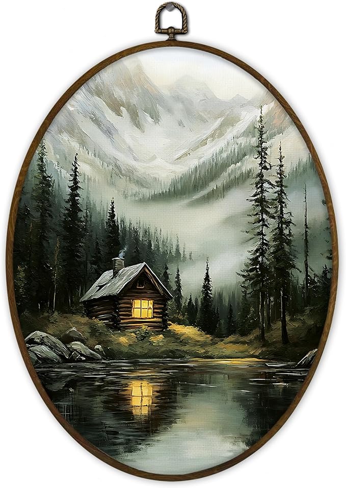 Gnmduw Lakeside Cabin Forest Landscape Oval Wall Art Framed, Vintae Cottage Canvas Prints Hanging Decor Decorations, Rustic Farmhouse Wall Decor for Home Bedroom Living Room, 8.7x11.3 Inch