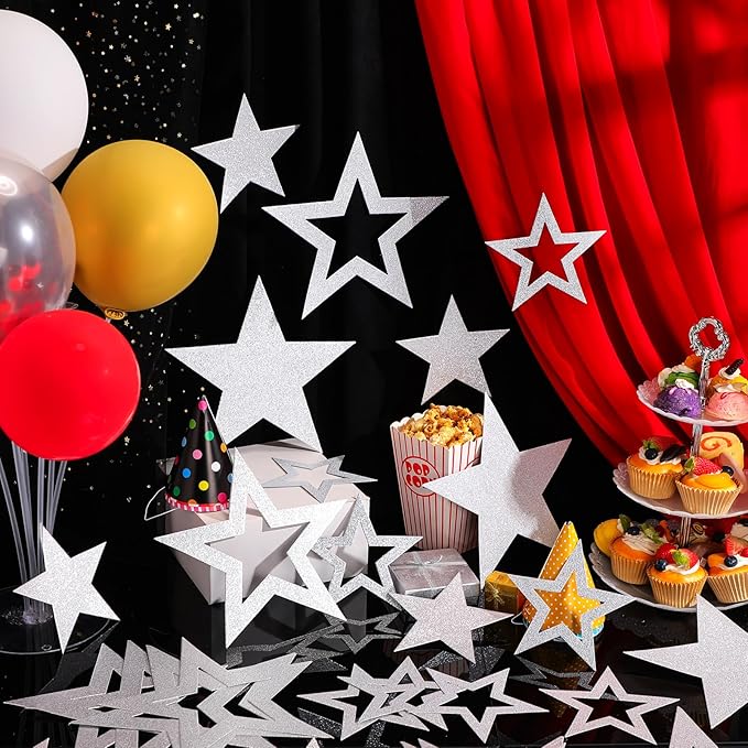 60 Pcs Glitter Star Cutouts Paper Decorations 3 Sizes 6" 9.8" 10.6" Double Printed Star Cardboard Wall Decor Confetti Cutouts for Graduation Classroom Wall Movie Night Bulletin Board Decor (Silver)