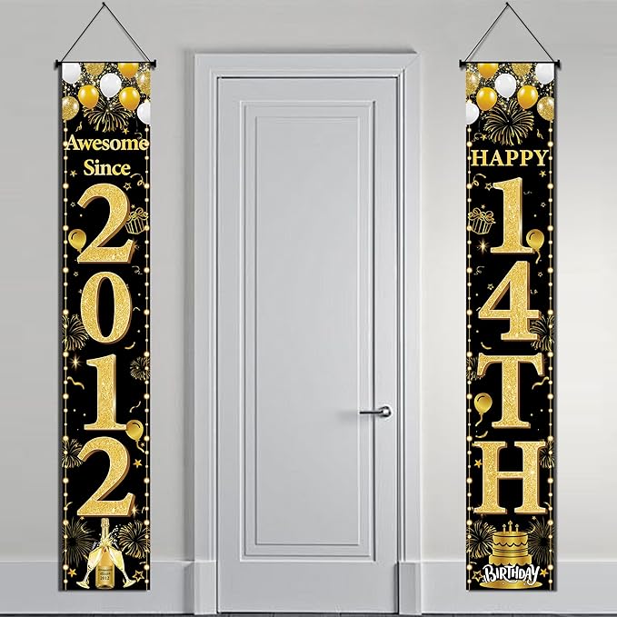 14th Birthday Decorations Boys Girls - Black Gold Awesome Since 2012 Door Banner Porch Wall Decor Backdrop For 14 Year Old Indoor Outdoor Party Supplies