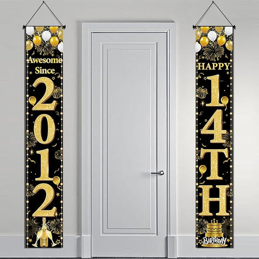 14th Birthday Decorations Boys Girls - Black Gold Awesome Since 2012 Door Banner Porch Wall Decor Backdrop For 14 Year Old Indoor Outdoor Party Supplies