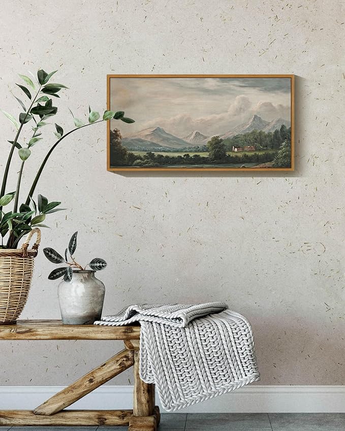 SHENIFY Vintage Framed Wall Art Country Village Landscape Painting Retro Mountain Meadow Scenery Farmhouse Kitchen Living Room Decor - 8x16in Natural Framed