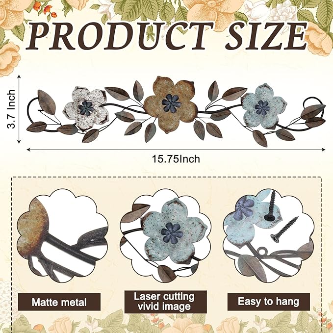 Wesiti Metal Flower Wall Decor Vintage Spring Metal Flower Wrought Iron Scroll Sculpture 15.7''x3.7'' Farmhouse Leaves Wall Decor with Nails for Spring Living Room Bedroom Indoor Outdoor(Colorful)