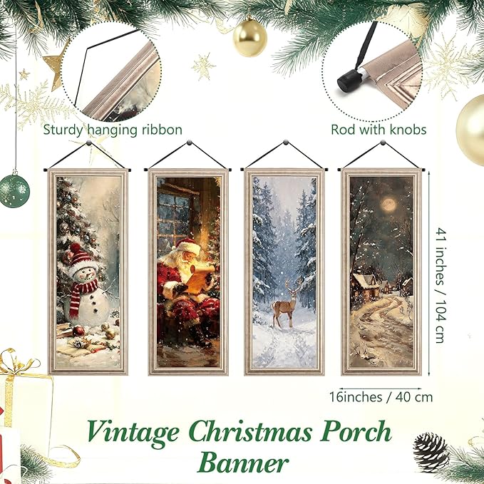 Tiamon 4 Pcs Vintage Christmas Halloween Carnival Porch Banners Retro Santa Clown Stretching Portraits Wall Decorations Gothic Porch Sign Backdrop for Xmas Indoor Outdoor Hanging Decor (Christmas)
