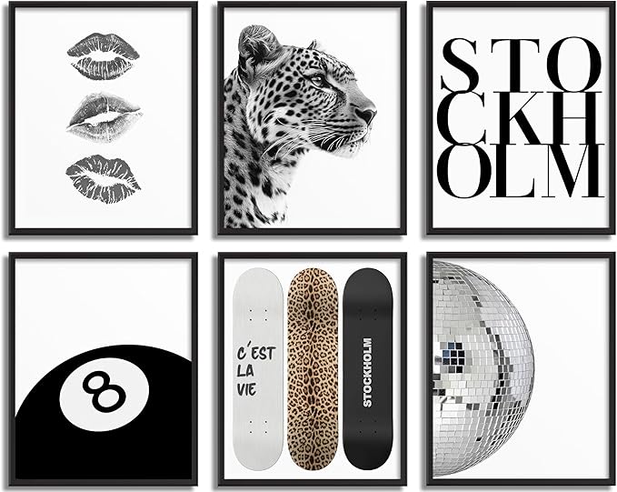 Fashion Trendy Leopard Wall Art Set of 6 Stockholm Preppy Room Painting Picture Wall Decor Black White Aesthetic Cheetah Poster Print Artwork for Girls Bedroom Dorm Apartment Home Decoration Unframed