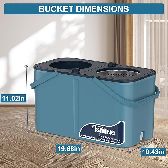 Gen 1 Large-Capacity Spin Mop and Bucket – for Big Homes & Deep Cleaning Days,4-Chamber System Separates Dirty & Clean Water, 2-GAL Heavy-Duty Design with Wheels & 10 Refill Mop Heads - Blue/Grey
