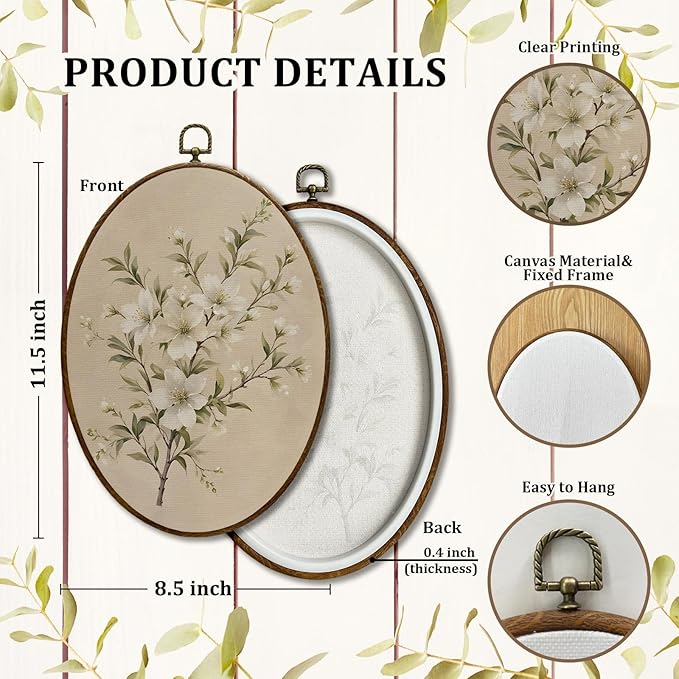 JQF Vintage Floral Oval Framed Wall Art, Cottagecore Retro Flower Botanical Oval Canvas Wall Decor, Rustic Floral Framed Prints Hanging Decor for Home Bedroom Living Room, 8.5x11.5 Inch