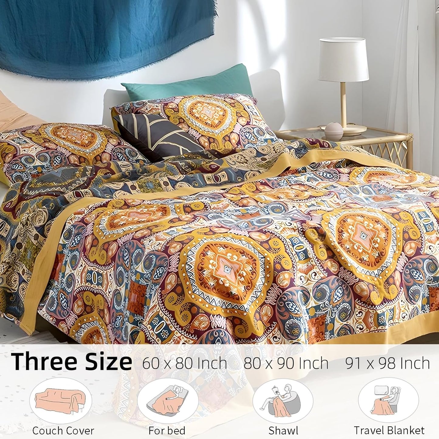 Boho Throw Blanket for Bed - 100% Pure Cotton Ultra Soft Rustic Quilt - Farmhouse Decor Bed Blankets, All Season Rustic Throw for Sofa Couch Chair(60"×80", Boho Flover)